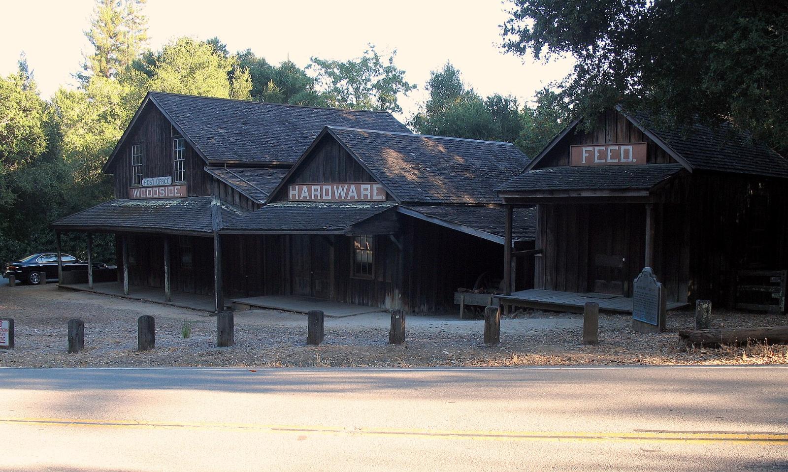 The weathered wooden buildings of the historic Woodside Store
