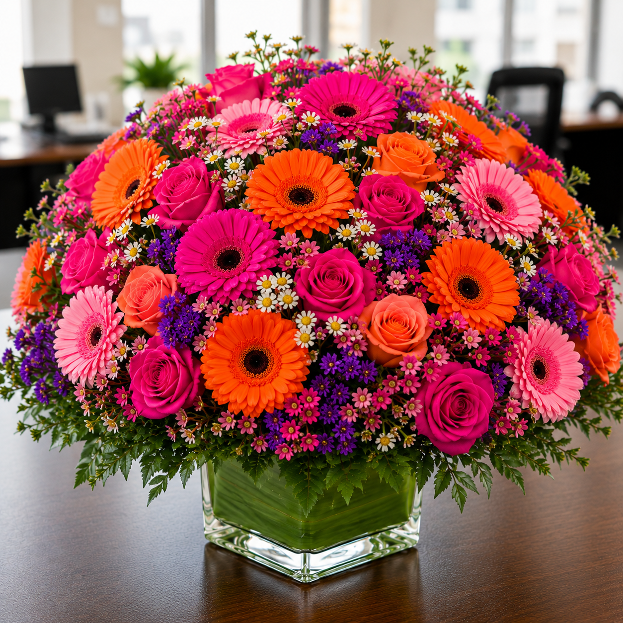 Everyday Designer Bouquet Exquisite with an abundant colorful seasonal flower arrangement in a glass vase