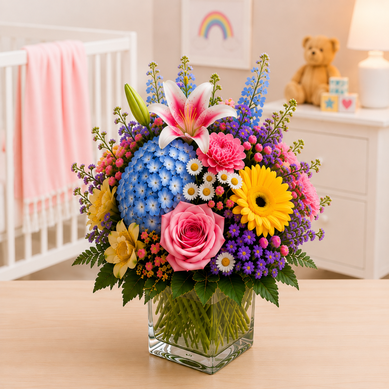 My First Day Bouquet standard new baby flower arrangement with blue hydrangea, pink roses and mixed pastel blooms in a clear glass cube vase.