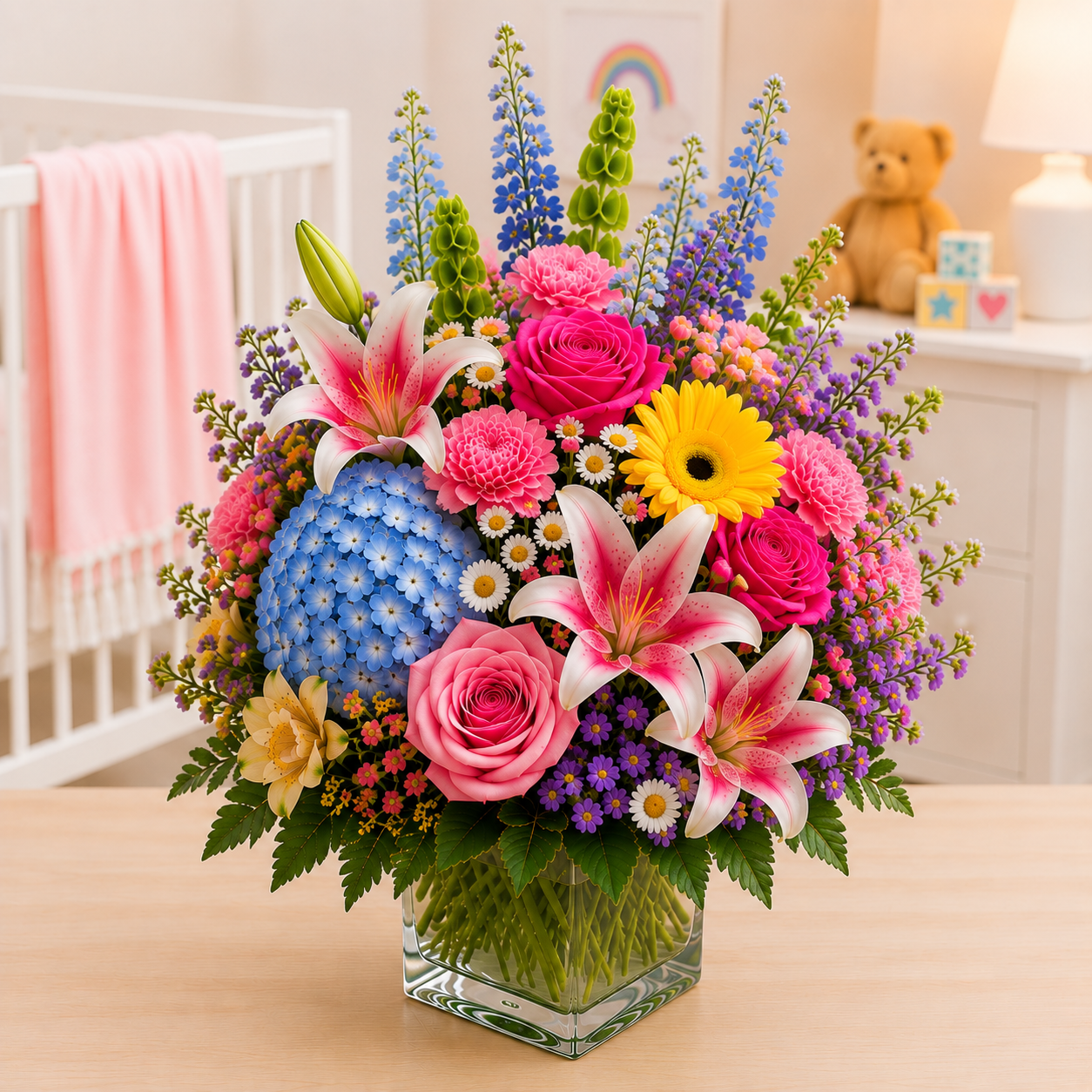 My First Day Bouquet premium new baby arrangement with pink lilies, roses, blue hydrangea, yellow gerbera and mixed seasonal flowers in a clear glass cube vase.