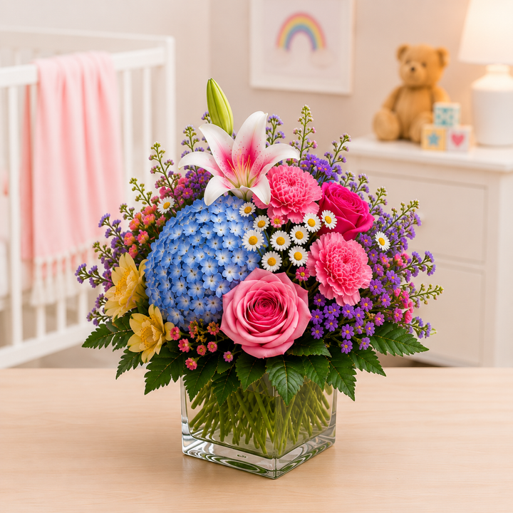 My First Day Bouquet deluxe new baby arrangement with blue hydrangea, pink lily, rose, gerbera daisy and colorful seasonal flowers in a clear glass cube vase.