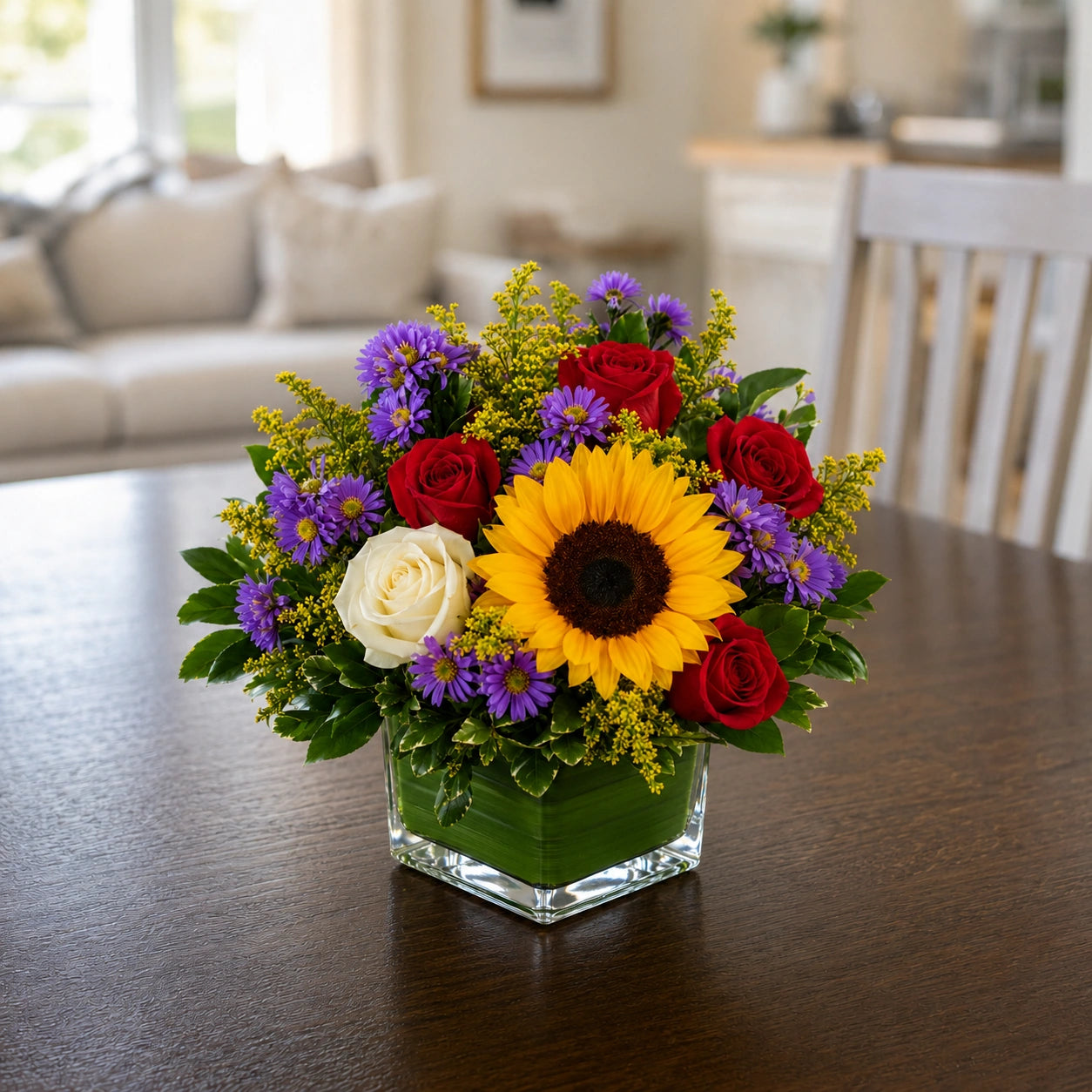 Let’s Dance Birthday Bouquet with bright yellow, red, purple, and lavender seasonal flowers