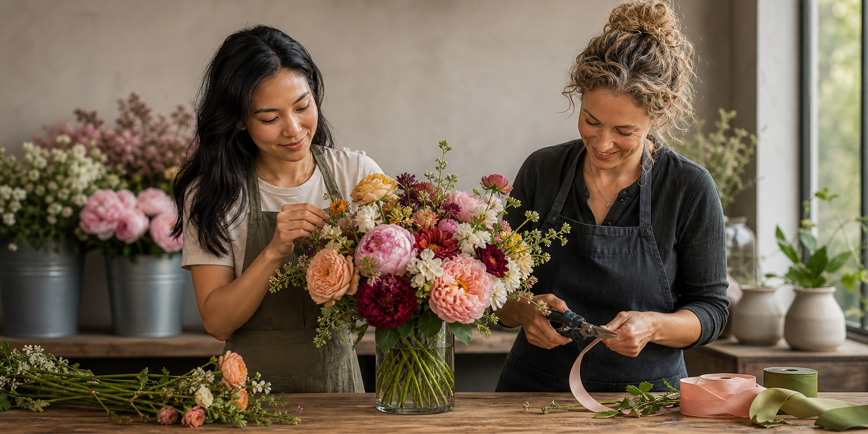 Two BloomFresh floral designers creating arrangements with fresh flowers, stems, floral snips, and ribbon in the shop workroom