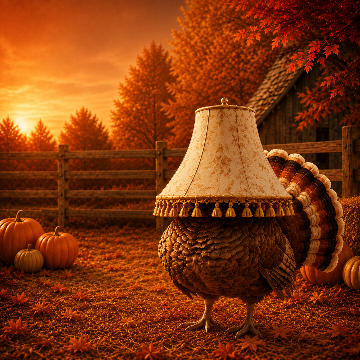 A lampshade-disguised turkey in a warm autumn farmyard