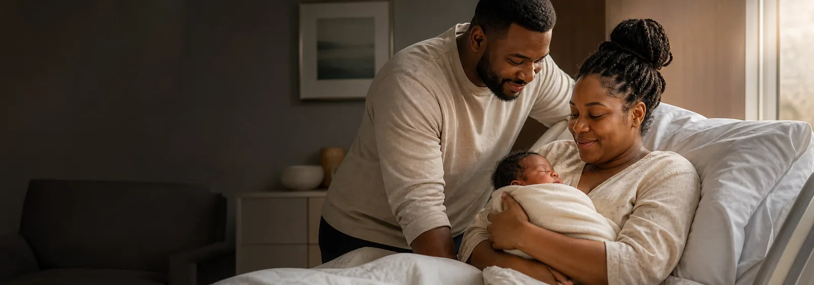 Happy new parents holding their swaddled baby in a maternity room