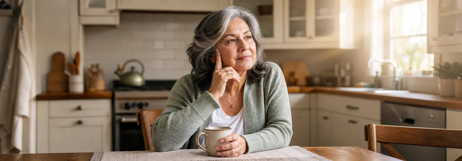 Thoughtful older woman sitting with coffee at her kitchen table