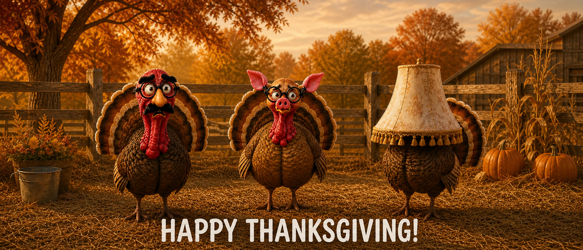 Three disguised turkeys in a harvest barnyard: Groucho glasses, pig face, and lampshade