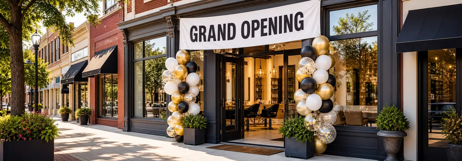 Grand opening celebration at a new Main Street hair salon with festive balloons