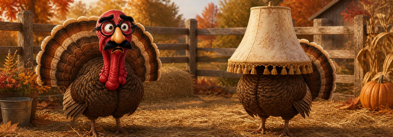 Two turkeys hiding in a rustic autumn farm pen