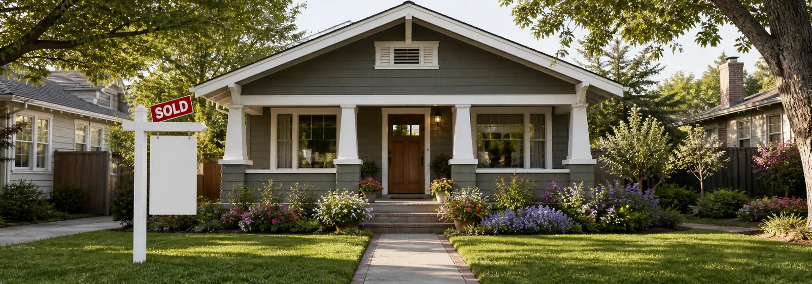 Charming Craftsman home with a flower-lined walkway and a sold real estate sign