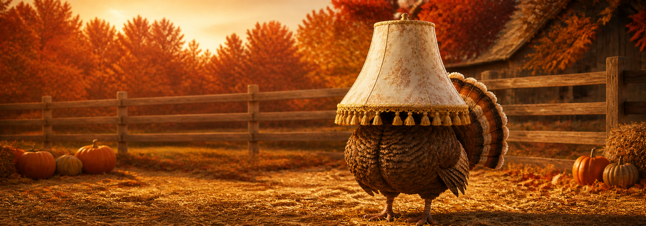 A plump turkey disguised beneath a vintage lampshade in a warm autumn barnyard