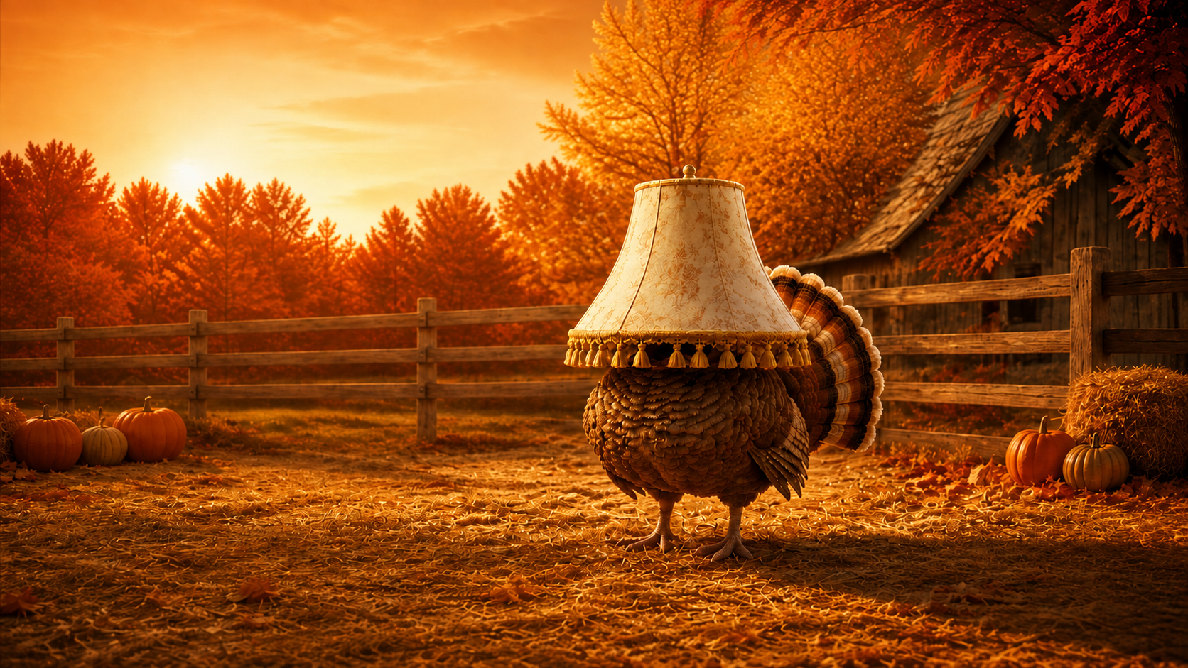 A lampshade-disguised turkey in a warm autumn farmyard