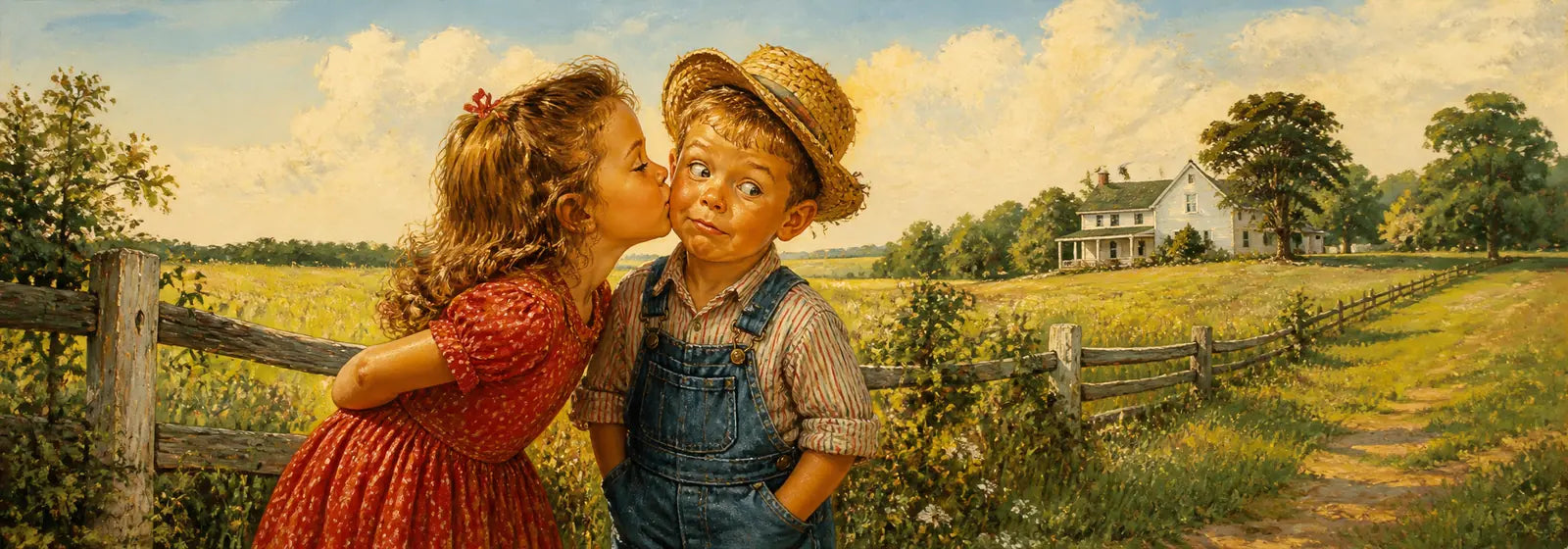 Classic country illustration of a girl giving a surprised boy a kiss on the cheek