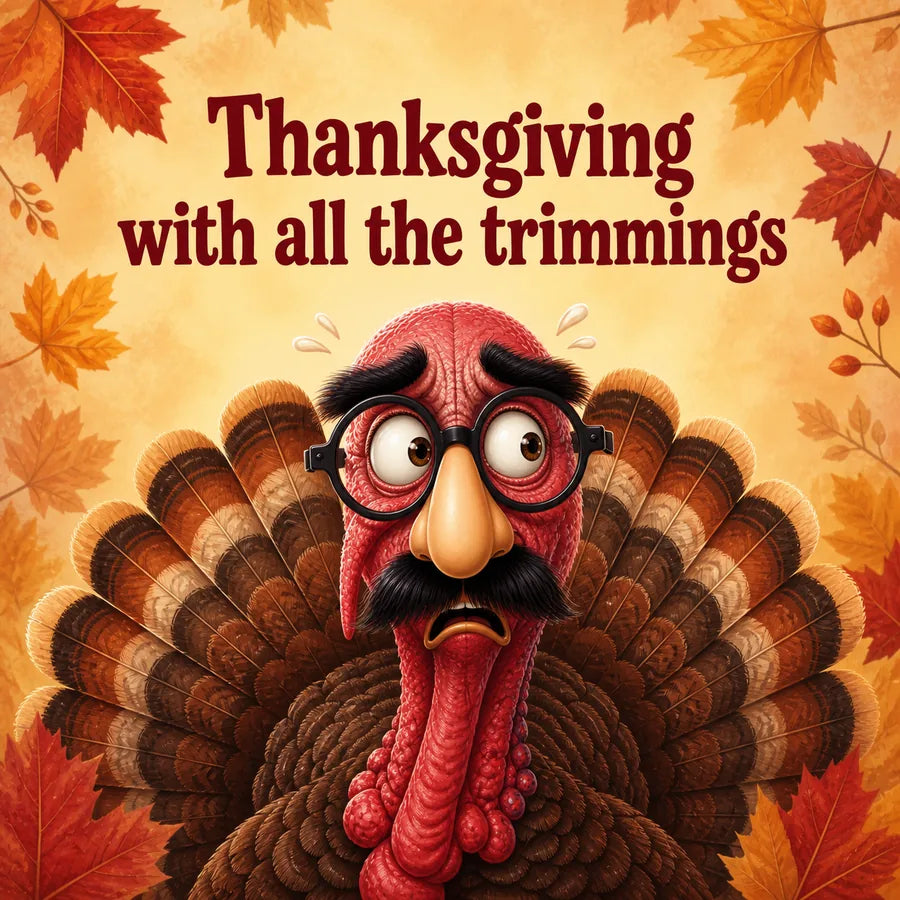Cartoon turkey wearing Groucho glasses in a Thanksgiving barnyard scene